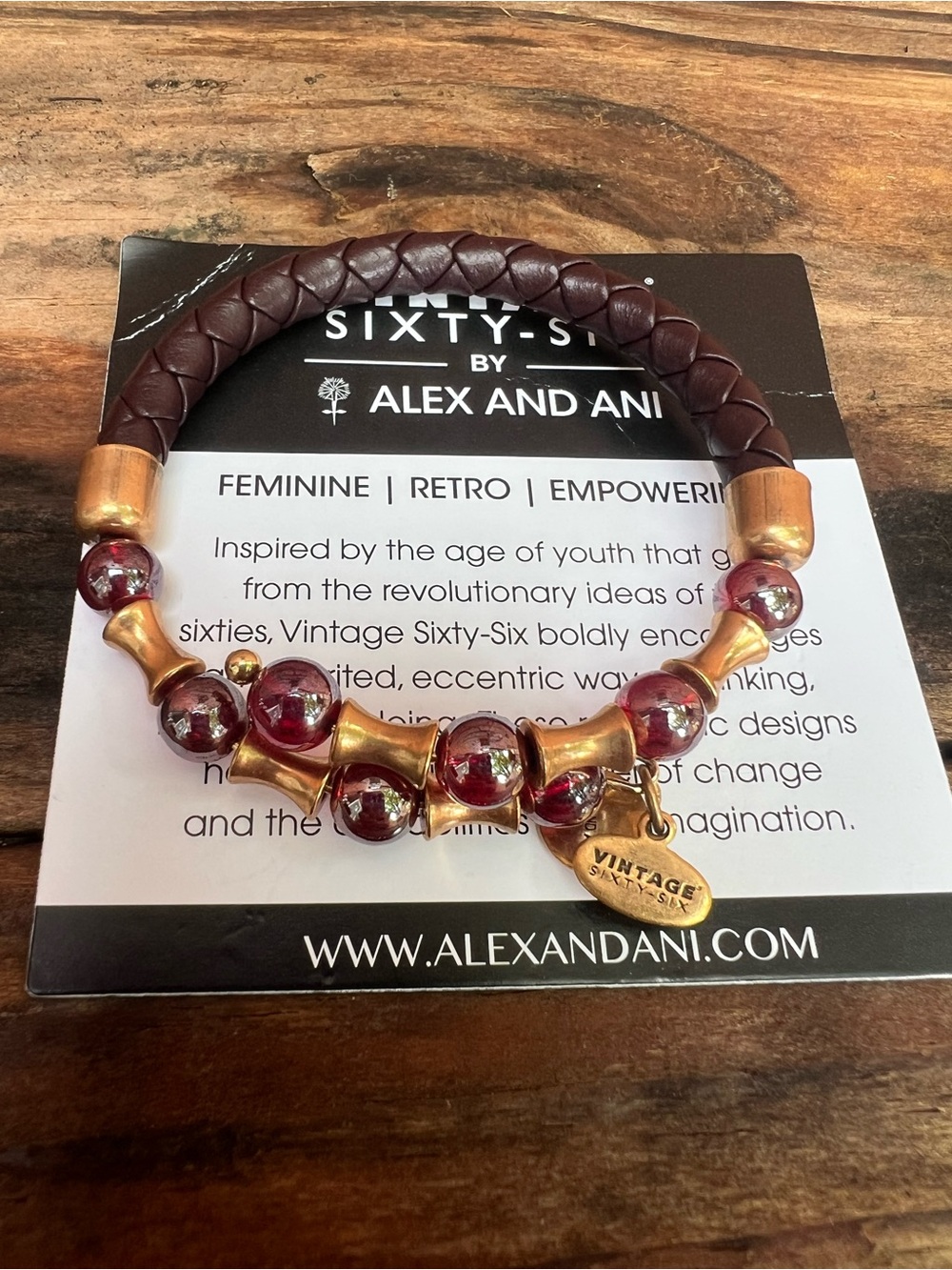 Vintage Sixty-Six by Alex and Ani Braided Leather Beaded Bracelet Burgundy Gold